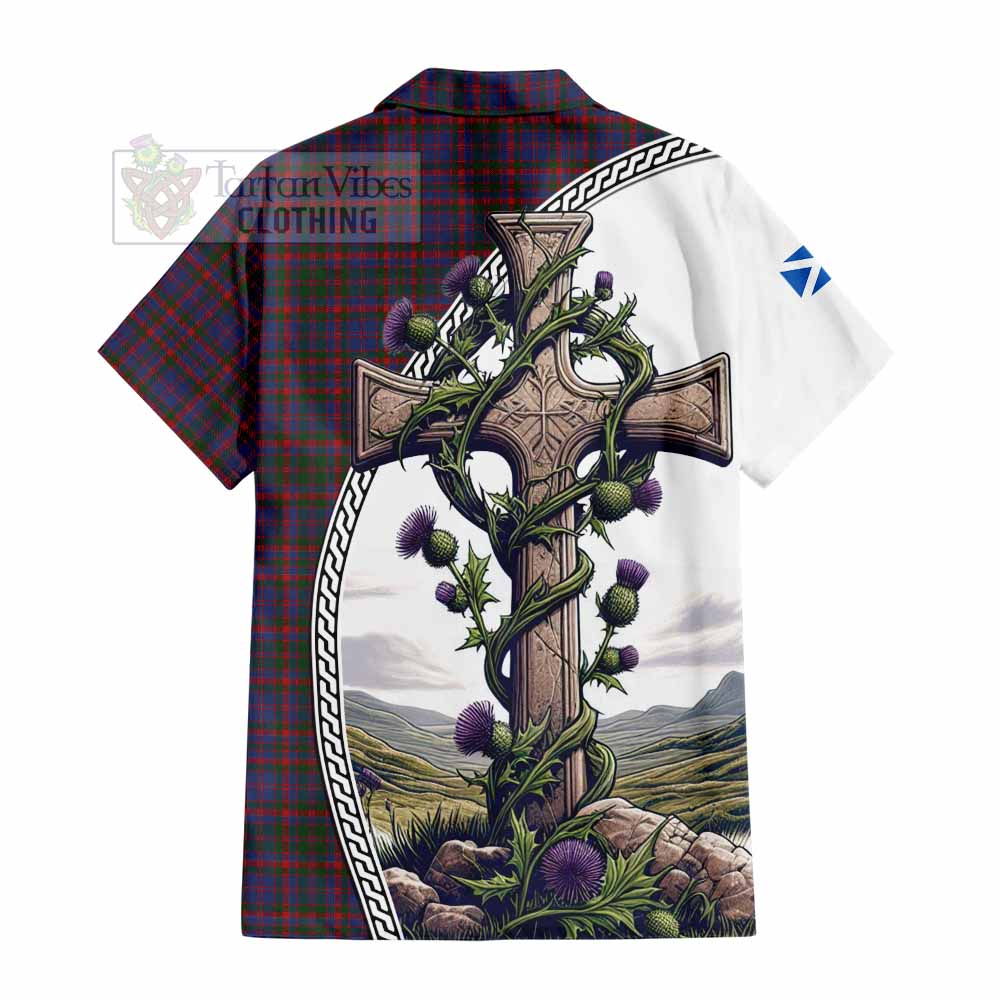 Tartan Vibes Clothing Cumming Tartan Short Sleeve Button Shirt with Family Crest and St. Andrew's Cross Accented by Thistle Vines