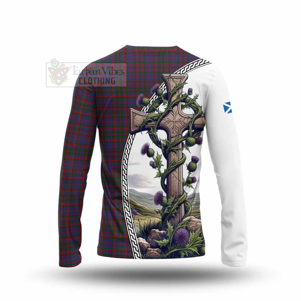 Tartan Vibes Clothing Cumming Tartan Long Sleeve T-Shirt with Family Crest and St. Andrew's Cross Accented by Thistle Vines