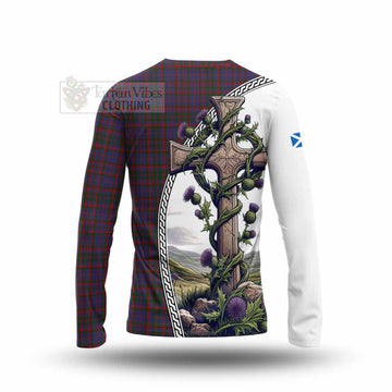 Cumming Tartan Long Sleeve T-Shirt with Family Crest and St. Andrew's Cross Accented by Thistle Vines