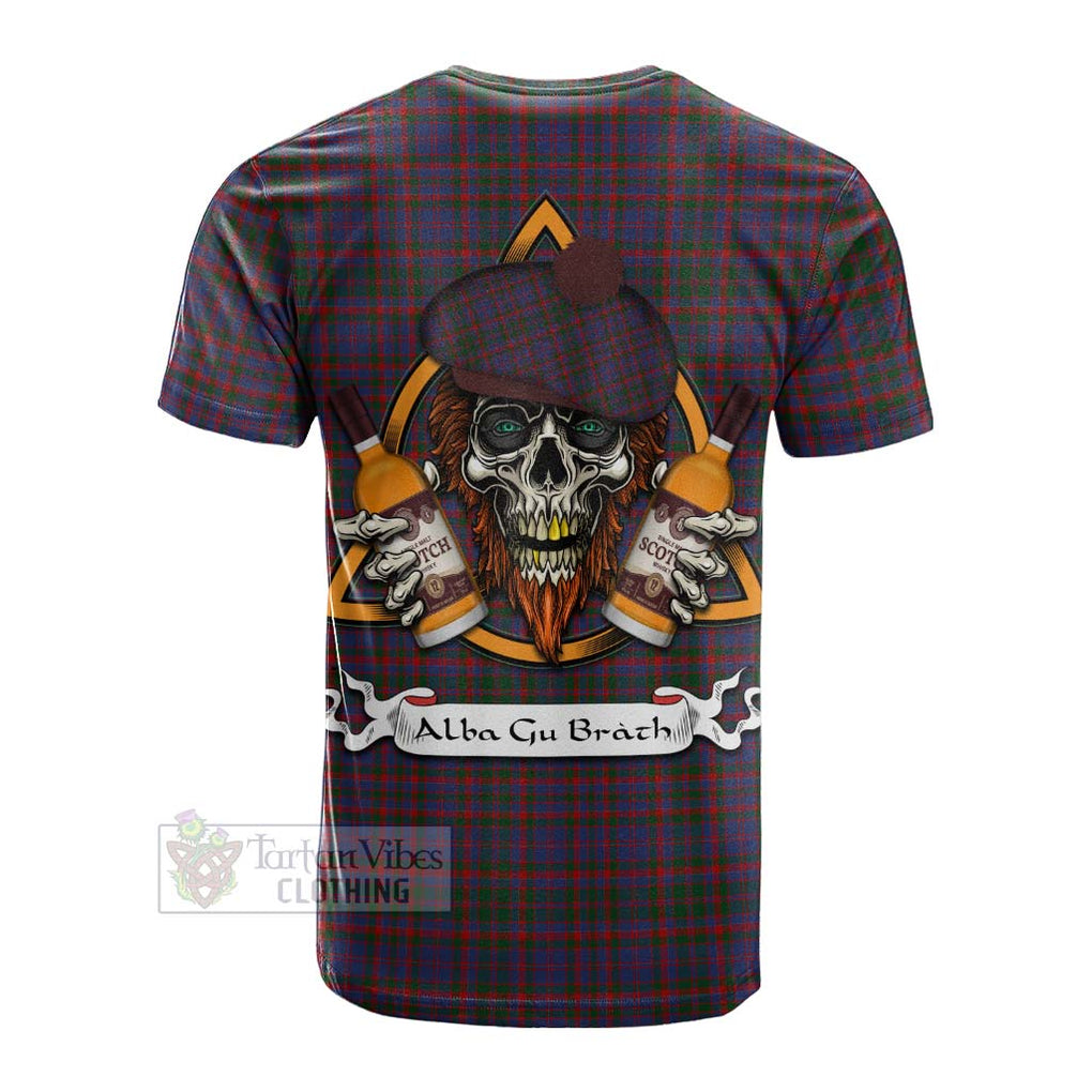 Tartan Vibes Clothing Cumming Tartan Cotton T-shirt with Family Crest and Bearded Skull Holding Bottles of Whiskey