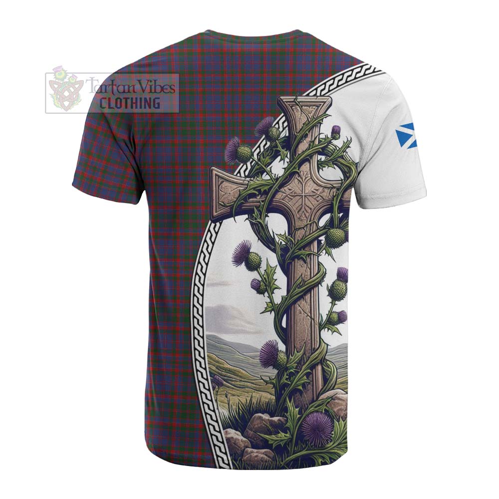 Tartan Vibes Clothing Cumming Tartan Cotton T-shirt with Family Crest and St. Andrew's Cross Accented by Thistle Vines