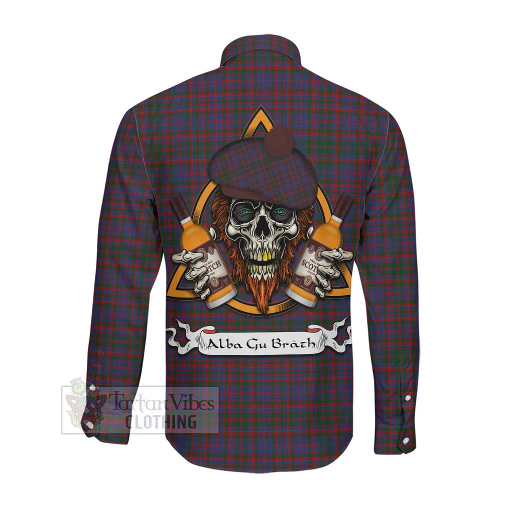 Tartan Vibes Clothing Cumming Tartan Long Sleeve Button Shirt with Family Crest and Bearded Skull Holding Bottles of Whiskey