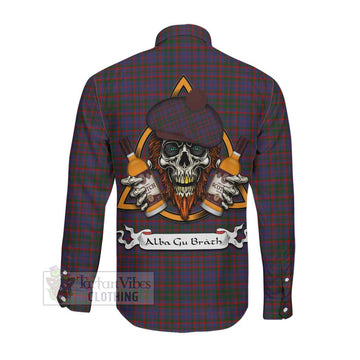 Cumming Tartan Long Sleeve Button Shirt with Family Crest and Bearded Skull Holding Bottles of Whiskey