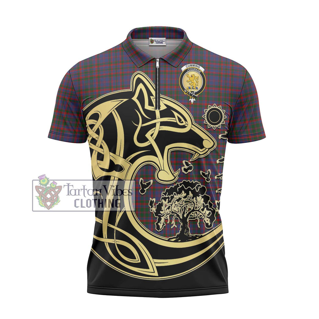 Cumming Tartan Zipper Polo Shirt with Family Crest Celtic Wolf Style - Tartanvibesclothing Shop