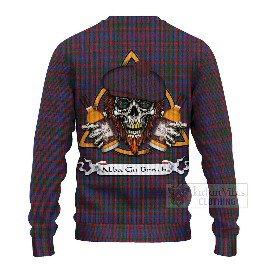 Tartan Vibes Clothing Cumming Tartan Knitted Sweater with Family Crest and Bearded Skull Holding Bottles of Whiskey