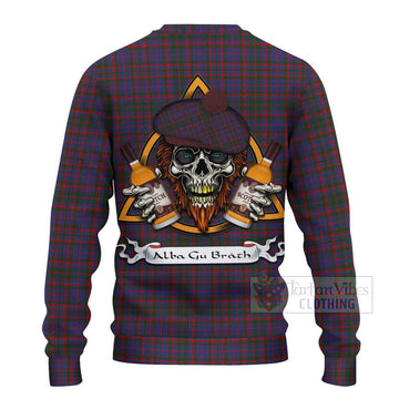 Cumming Tartan Ugly Sweater with Family Crest and Bearded Skull Holding Bottles of Whiskey