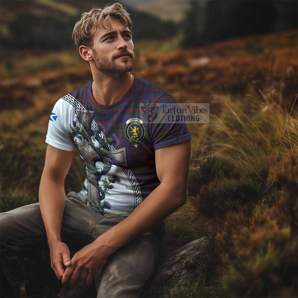 Tartan Vibes Clothing Cumming Agnew Tartan T-Shirt with Family Crest and St. Andrew's Cross Accented by Thistle Vines