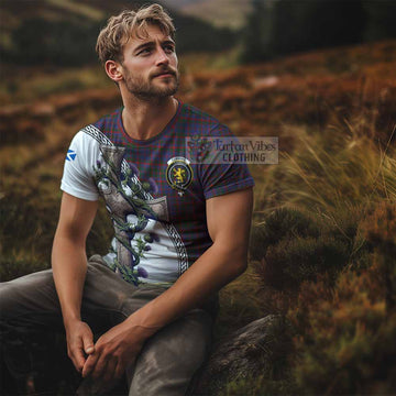 Cumming Tartan T-Shirt with Family Crest and St. Andrew's Cross Accented by Thistle Vines