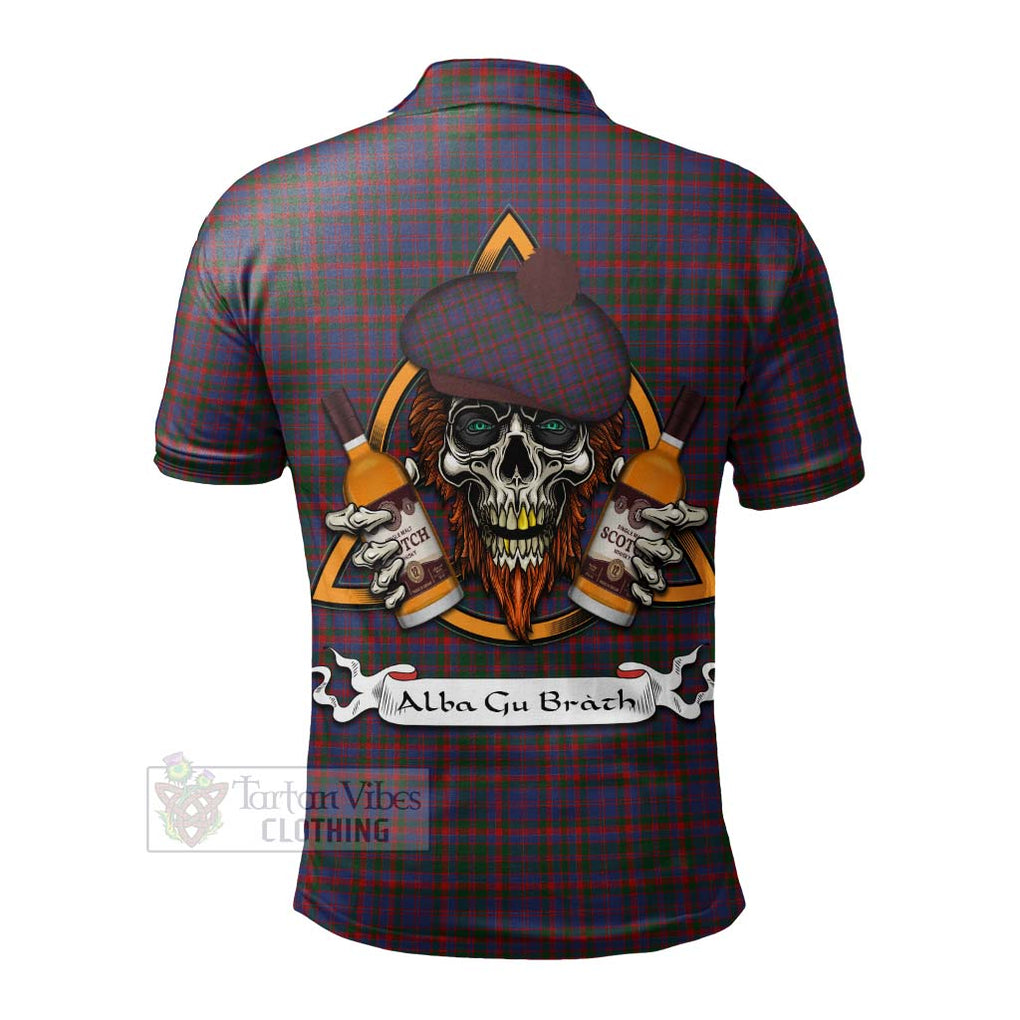 Tartan Vibes Clothing Cumming Tartan Polo Shirt with Family Crest and Bearded Skull Holding Bottles of Whiskey