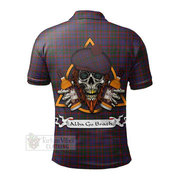 Cumming Tartan Polo Shirt with Family Crest and Bearded Skull Holding Bottles of Whiskey