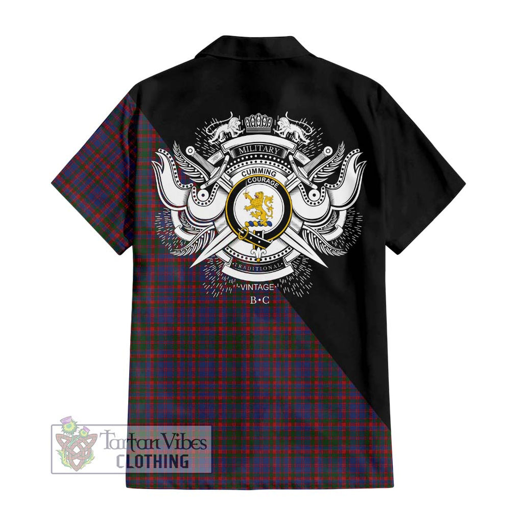 Cumming Tartan Short Sleeve Button Shirt with Family Crest and Military Logo Style - Tartanvibesclothing Shop