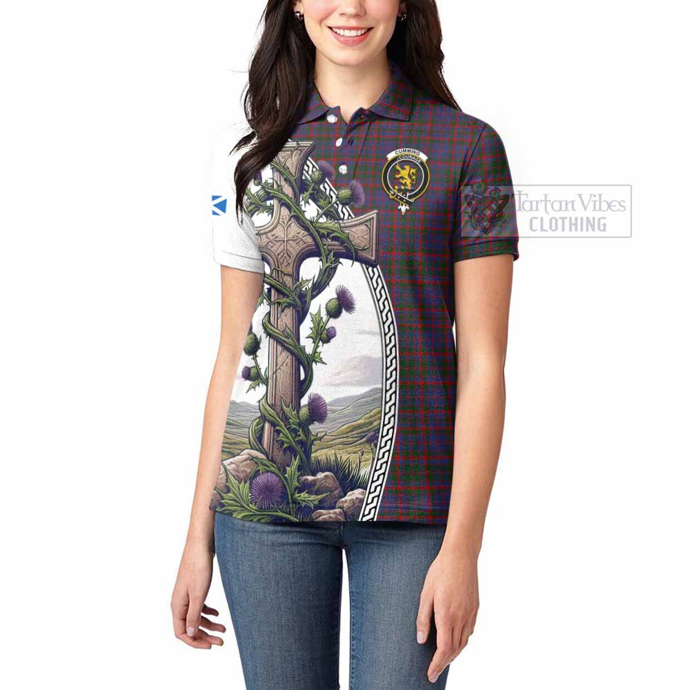 Tartan Vibes Clothing Cumming Tartan Women's Polo Shirt with Family Crest and St. Andrew's Cross Accented by Thistle Vines