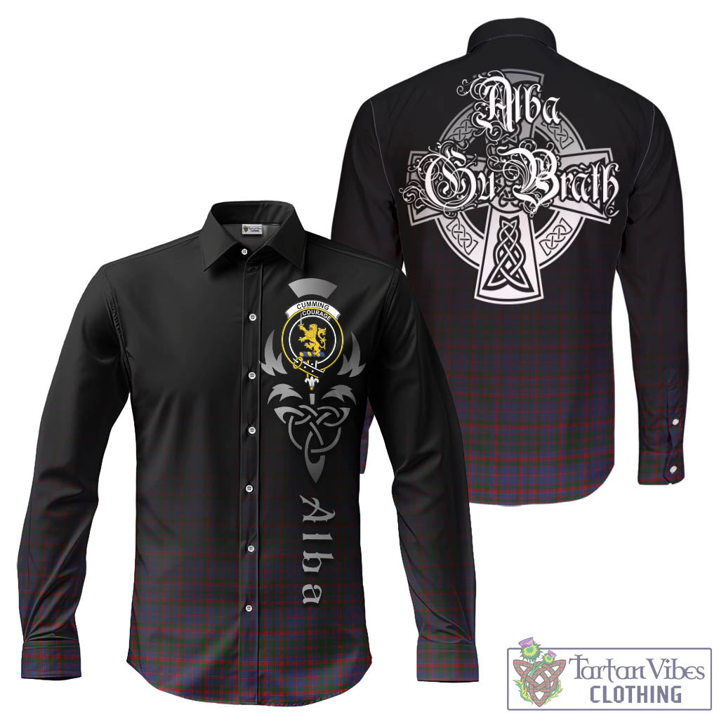 Tartan Vibes Clothing Cumming Tartan Long Sleeve Button Up Featuring Alba Gu Brath Family Crest Celtic Inspired