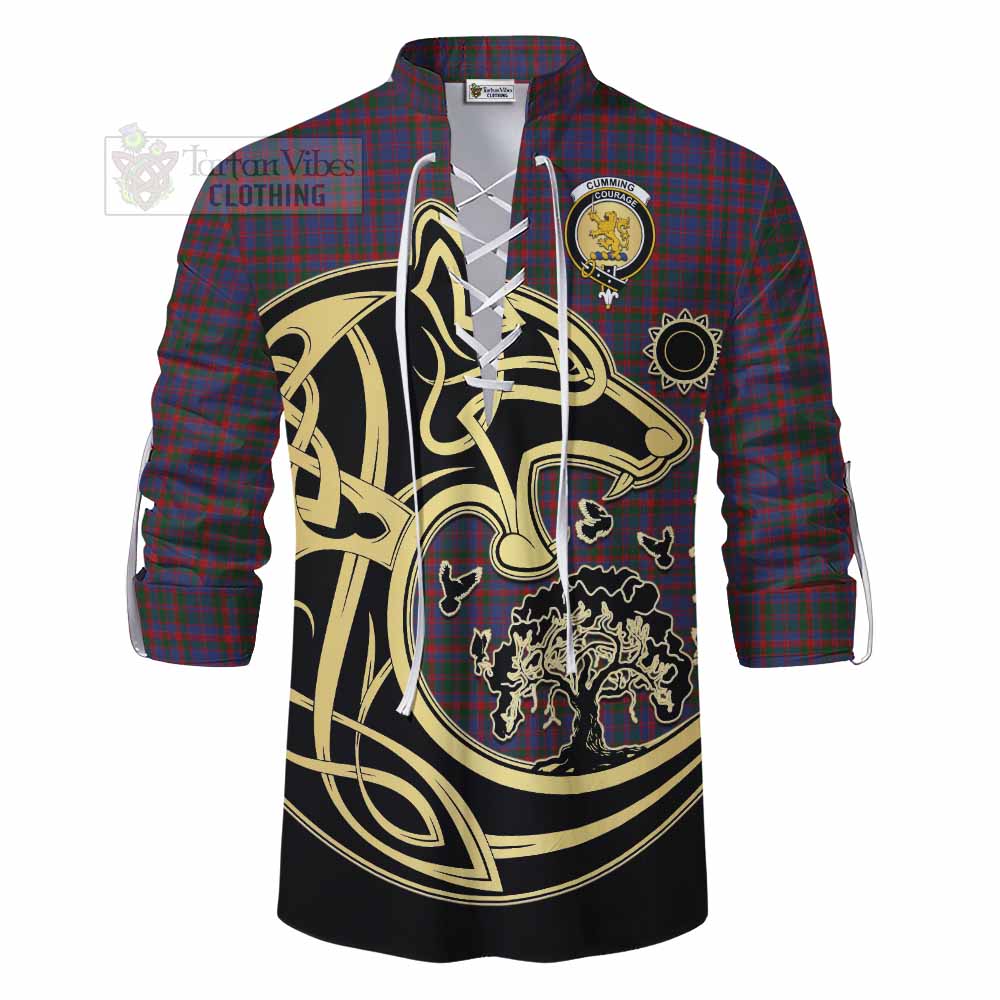 Cumming Tartan Ghillie Kilt Shirt with Family Crest Celtic Wolf Style - Tartan Vibes Clothing