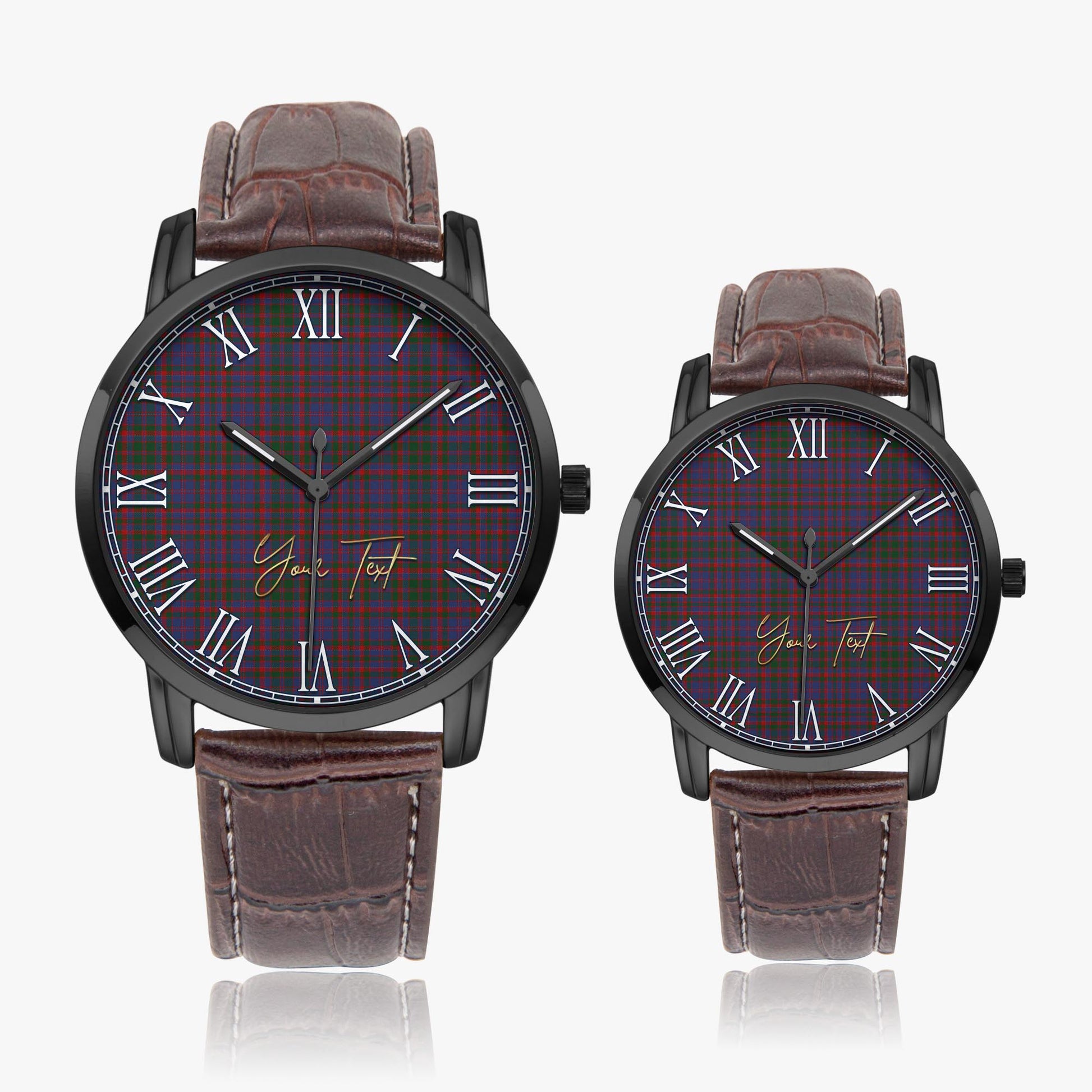 Cumming Tartan Personalized Your Text Leather Trap Quartz Watch Wide Type Black Case With Brown Leather Strap - Tartanvibesclothing