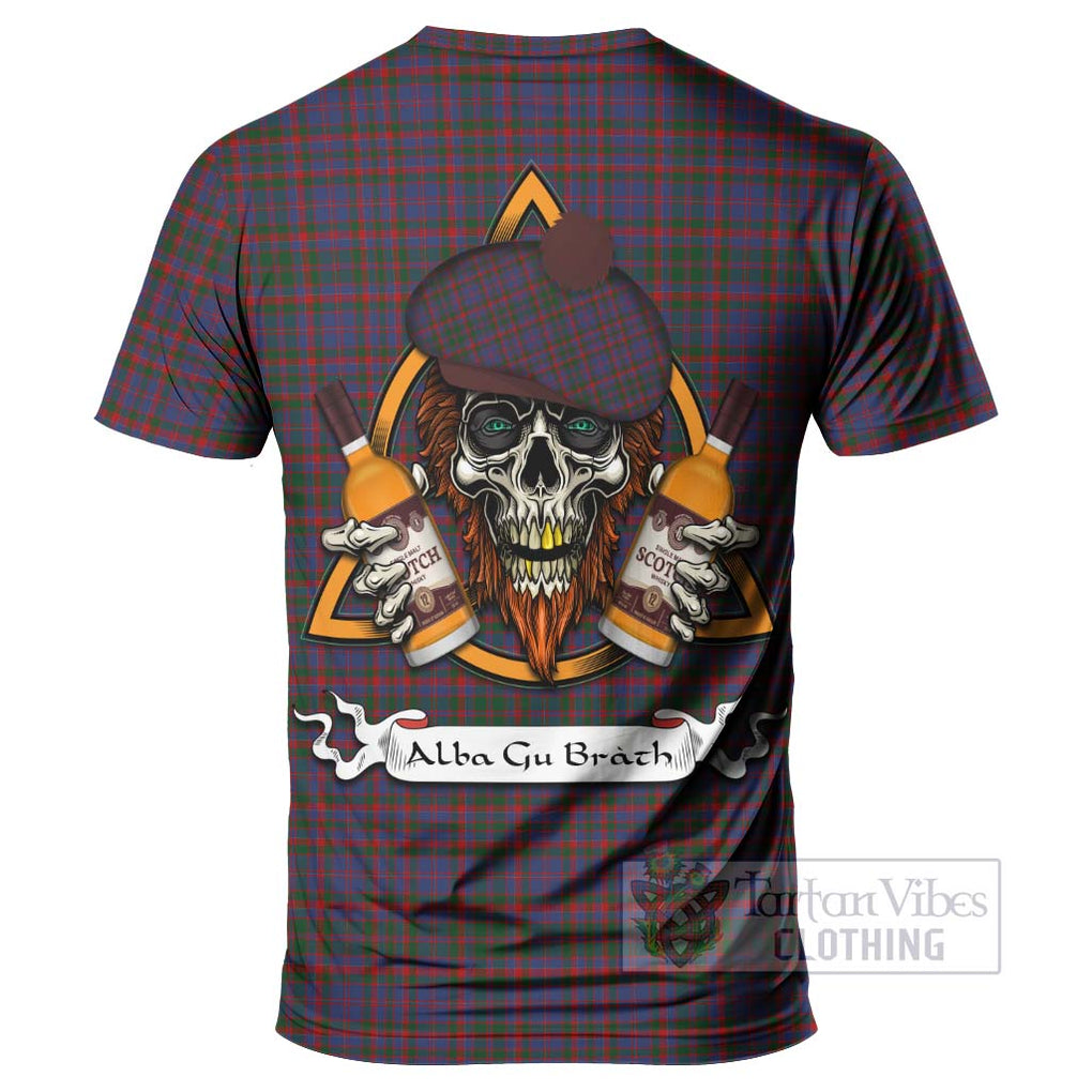 Tartan Vibes Clothing Cumming Tartan T-Shirt with Family Crest and Bearded Skull Holding Bottles of Whiskey