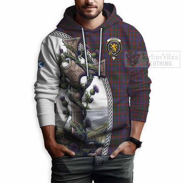 Cumming Tartan Hoodie with Family Crest and St. Andrew's Cross Accented by Thistle Vines