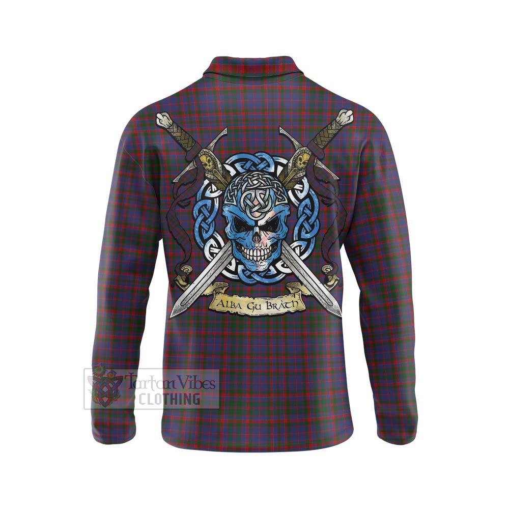 Tartan Vibes Clothing Cumming Tartan Long Sleeve Polo Shirt with Family Crest Celtic Skull Style