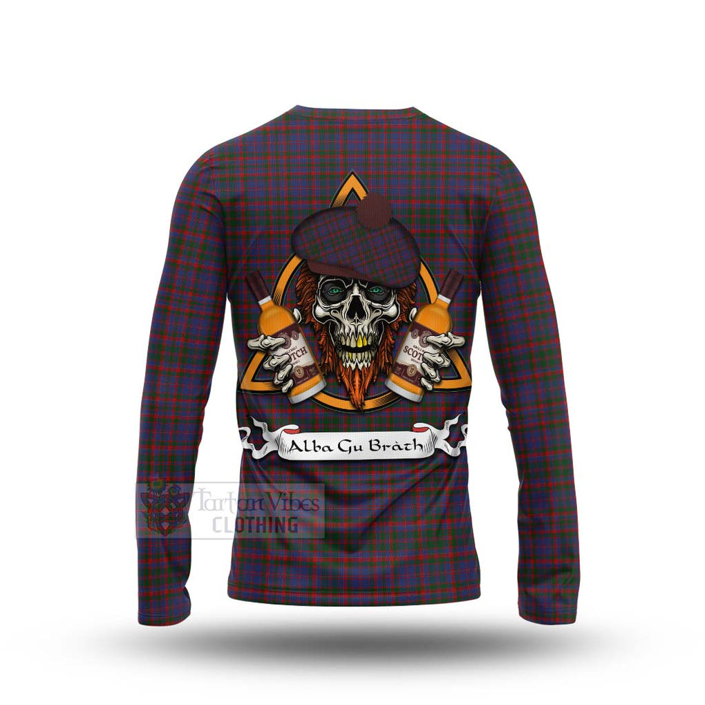 Tartan Vibes Clothing Cumming Tartan Long Sleeve T-Shirt with Family Crest and Bearded Skull Holding Bottles of Whiskey