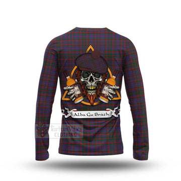 Cumming Tartan Long Sleeve T-Shirt with Family Crest and Bearded Skull Holding Bottles of Whiskey