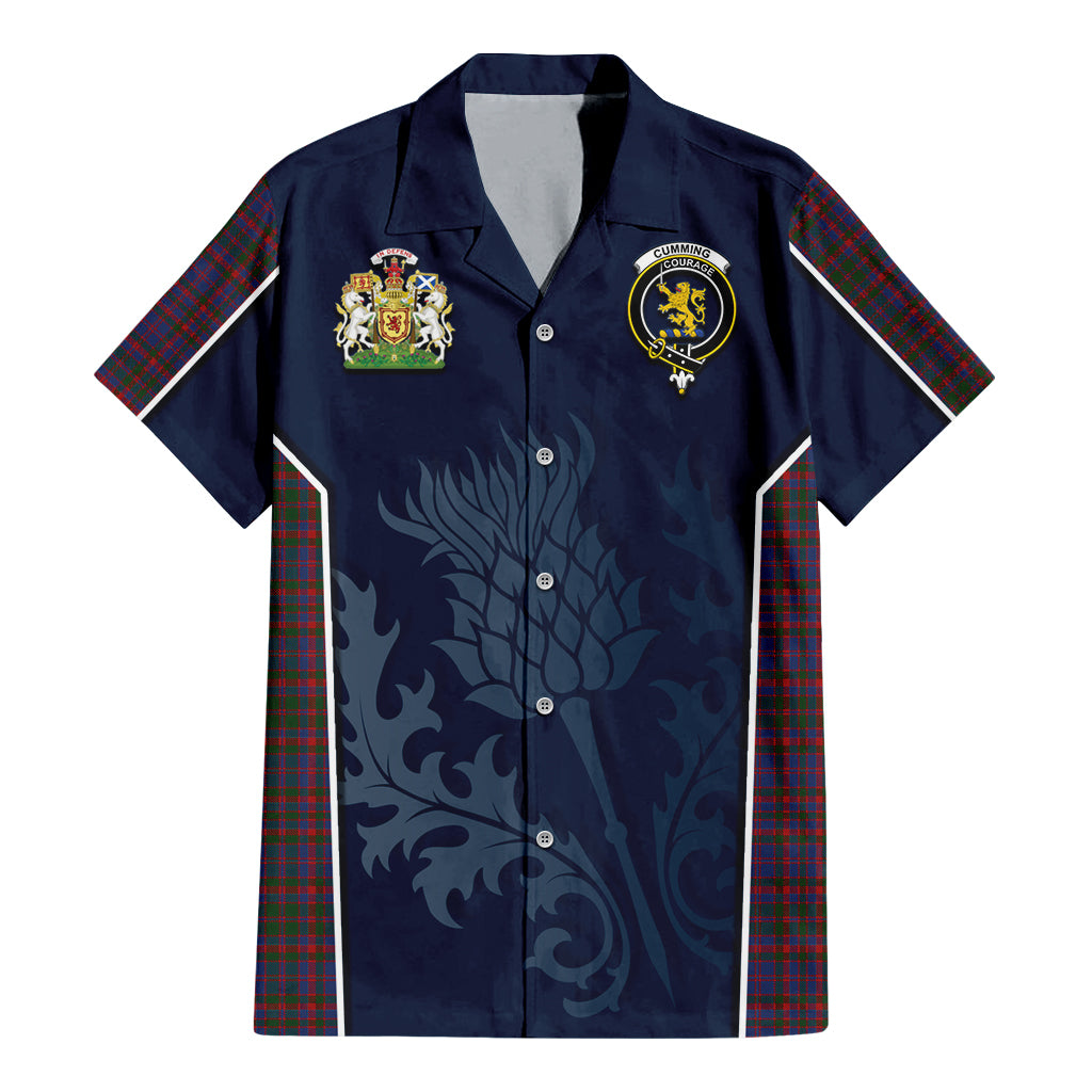 Tartan Vibes Clothing Cumming Tartan Short Sleeve Button Up Shirt with Family Crest and Scottish Thistle Vibes Sport Style