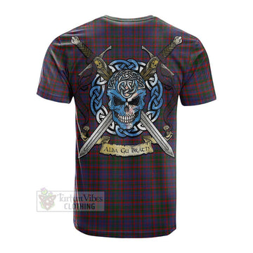 Cumming Tartan Cotton T-shirt with Family Crest Celtic Skull Style