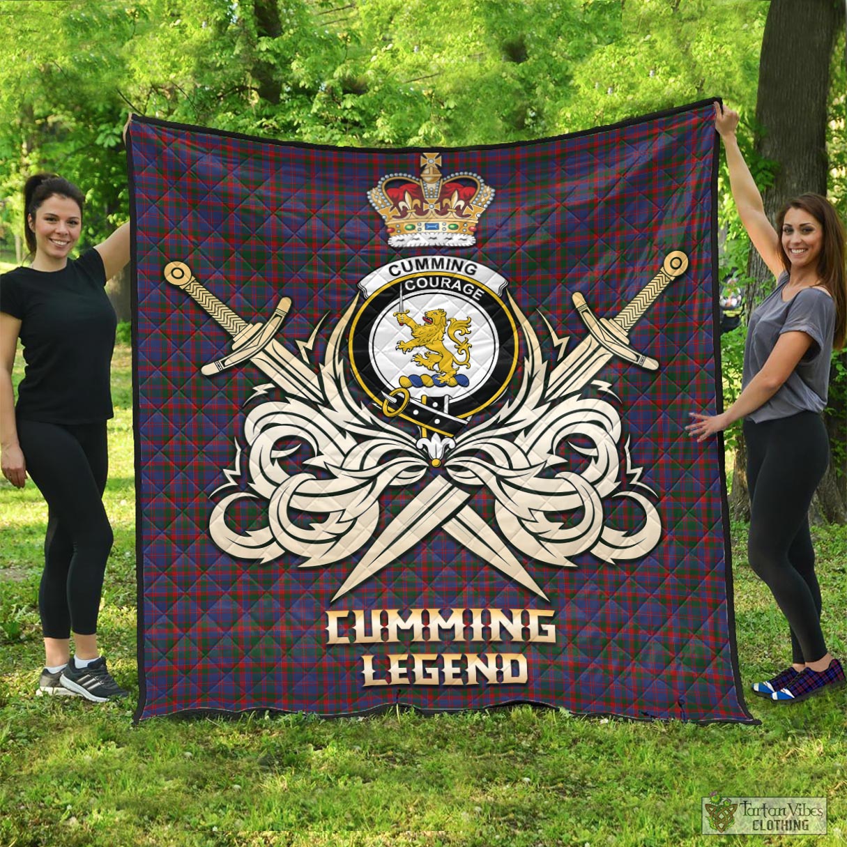 Tartan Vibes Clothing Cumming Tartan Quilt with Clan Crest and the Golden Sword of Courageous Legacy