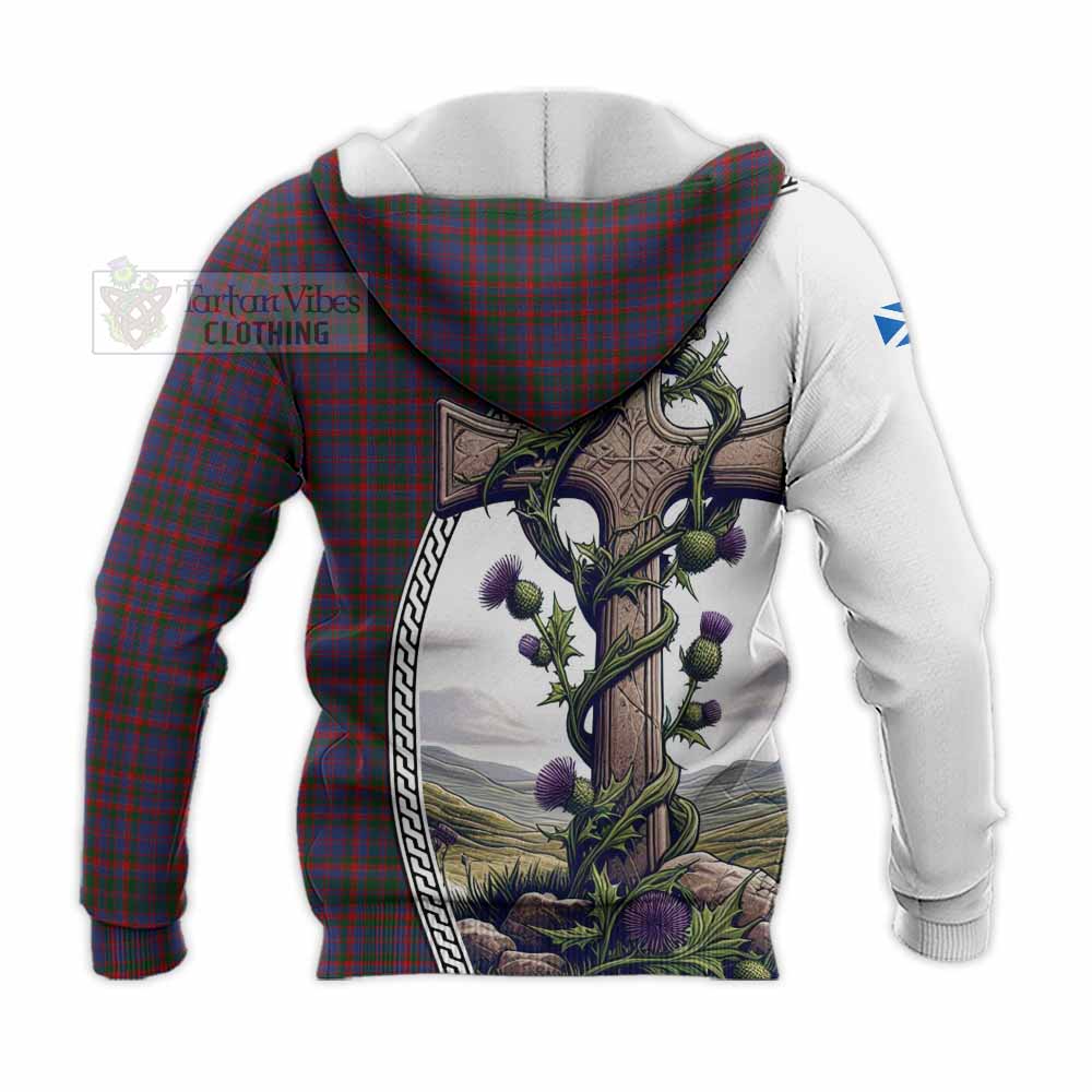 Tartan Vibes Clothing Cumming Tartan Knitted Hoodie with Family Crest and St. Andrew's Cross Accented by Thistle Vines