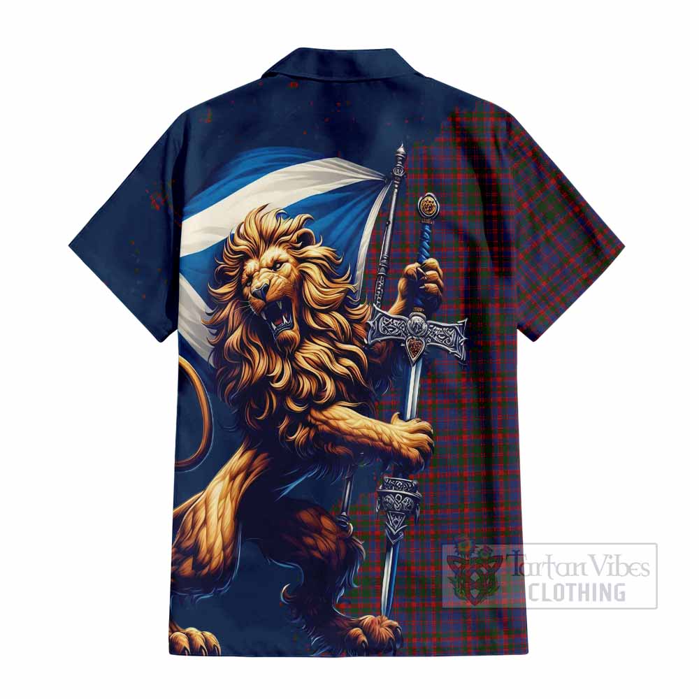 Tartan Vibes Clothing Cumming Tartan Family Crest Short Sleeve Button Shirt with Scottish Majestic Lion