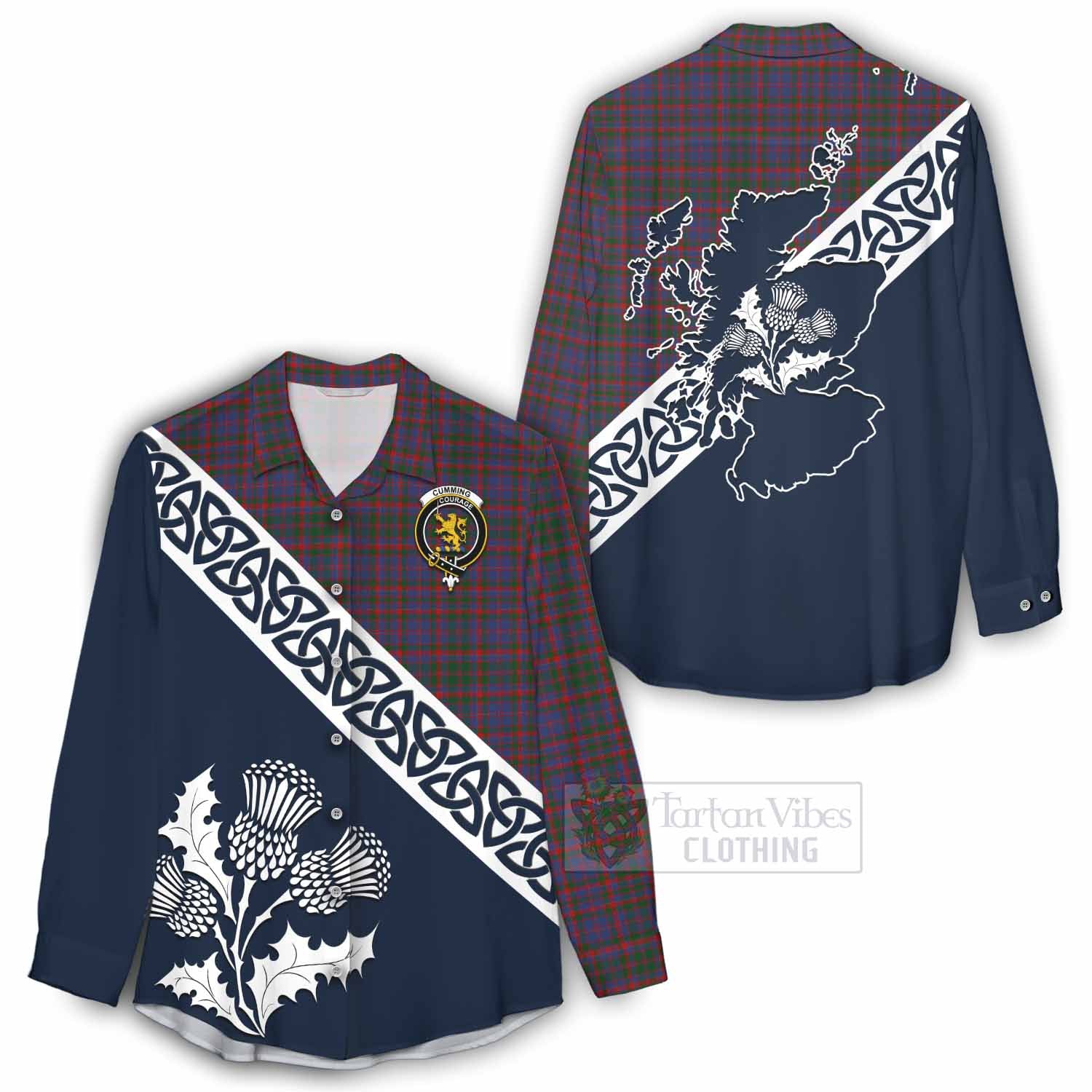 Tartan Vibes Clothing Cumming Tartan Women's Casual Shirt Featuring Thistle and Scotland Map