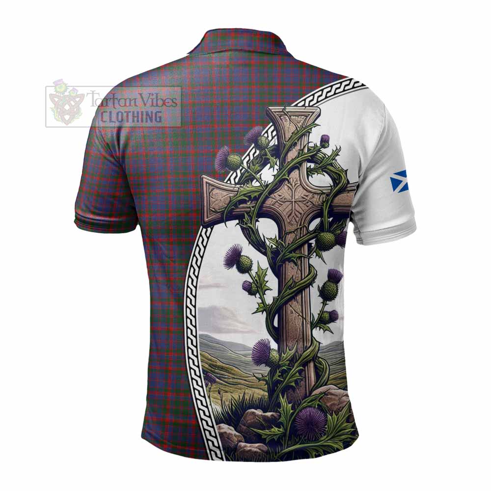 Tartan Vibes Clothing Cumming Tartan Polo Shirt with Family Crest and St. Andrew's Cross Accented by Thistle Vines