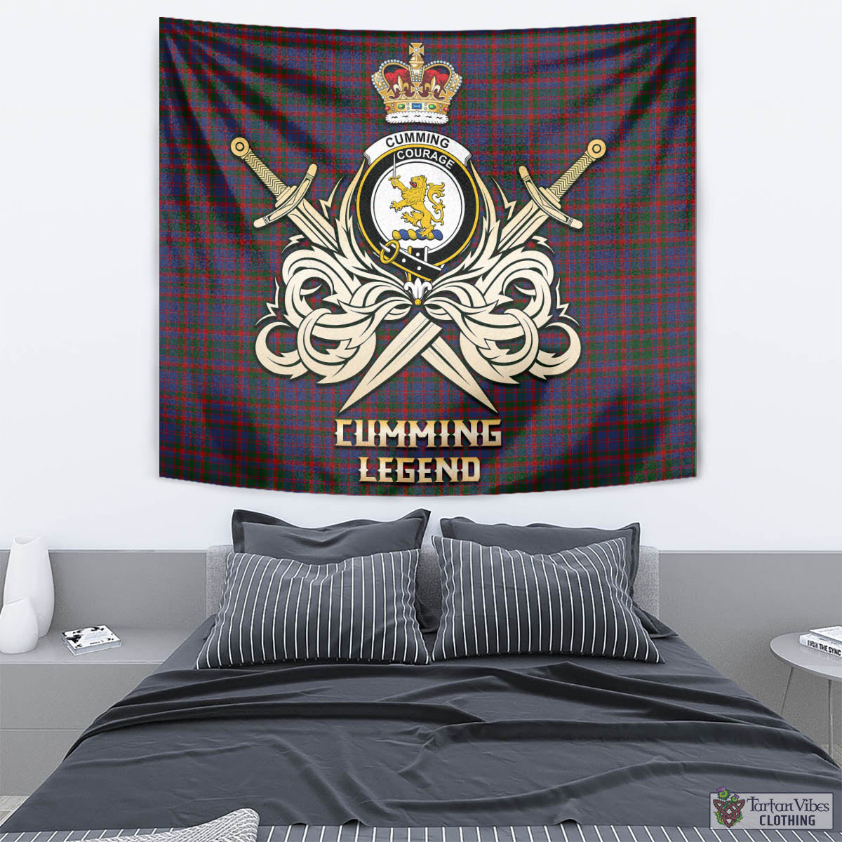 Tartan Vibes Clothing Cumming Tartan Tapestry with Clan Crest and the Golden Sword of Courageous Legacy