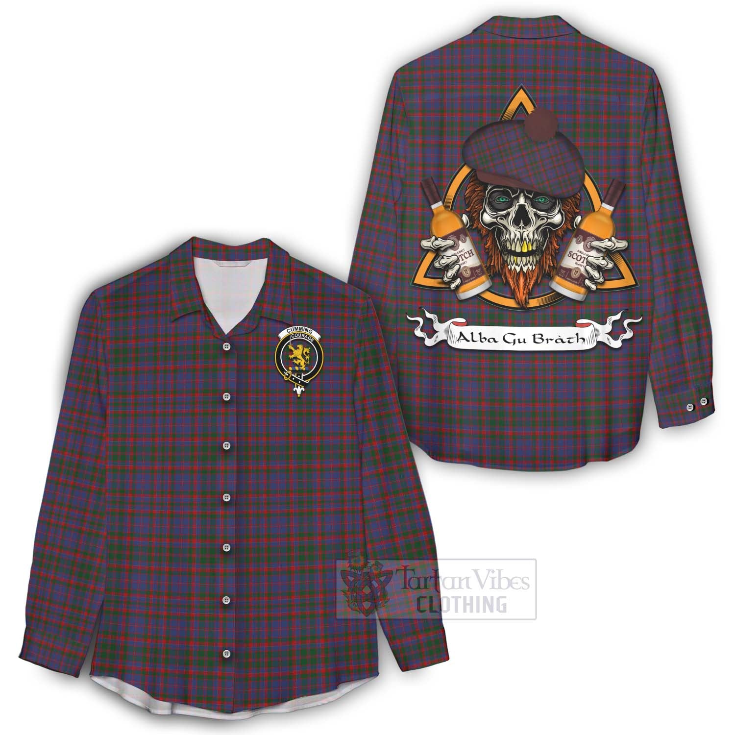 Tartan Vibes Clothing Cumming Tartan Women's Casual Shirt with Family Crest and Bearded Skull Holding Bottles of Whiskey