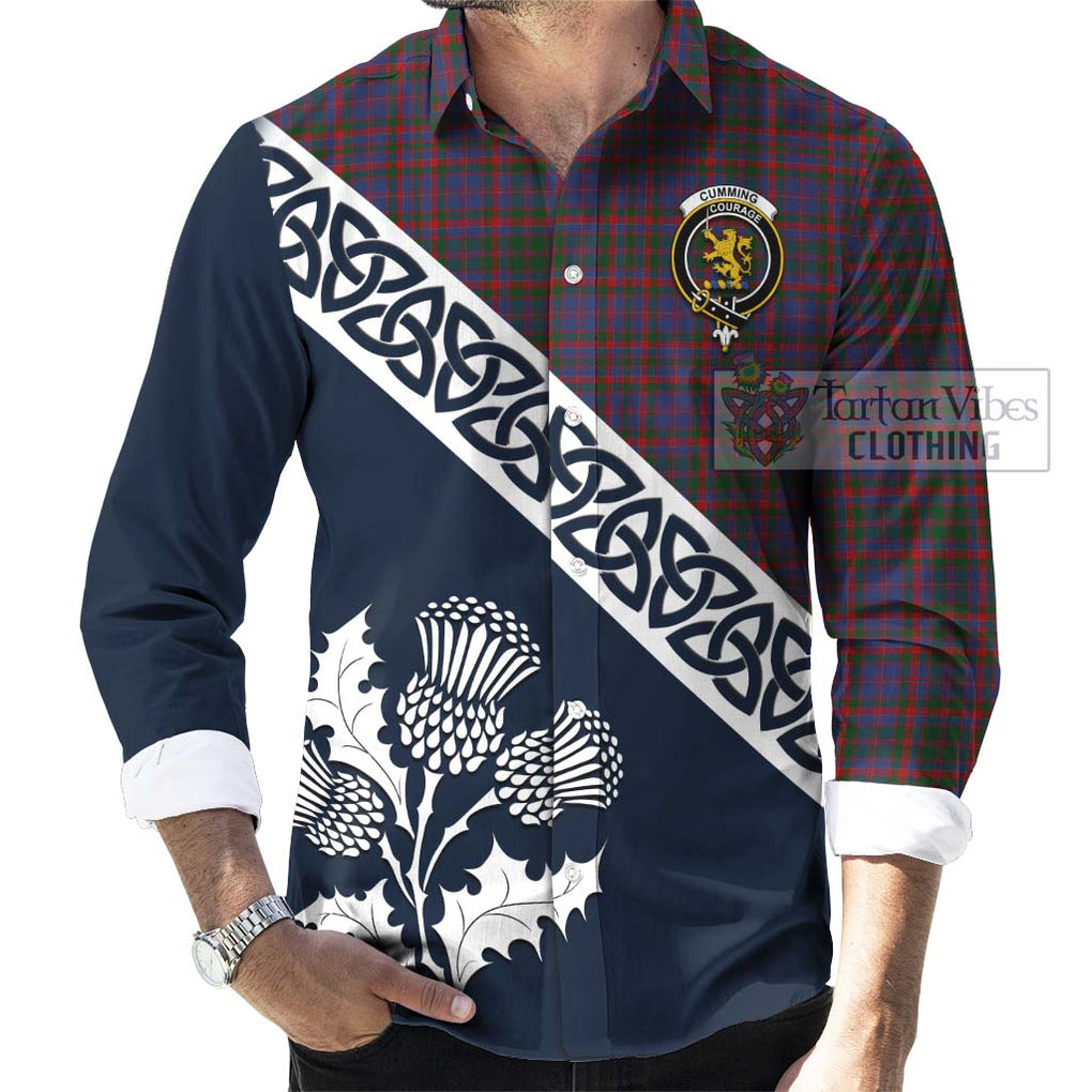 Tartan Vibes Clothing Cumming Tartan Long Sleeve Button Shirt Featuring Thistle and Scotland Map