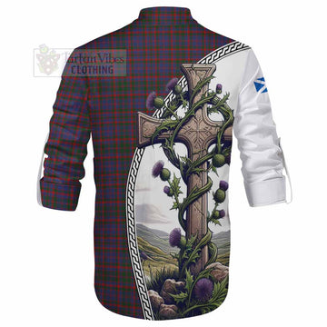 Cumming Tartan Ghillie Kilt Shirt with Family Crest and St. Andrew's Cross Accented by Thistle Vines