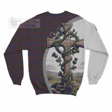 Cumming Tartan Sweatshirt with Family Crest and St. Andrew's Cross Accented by Thistle Vines