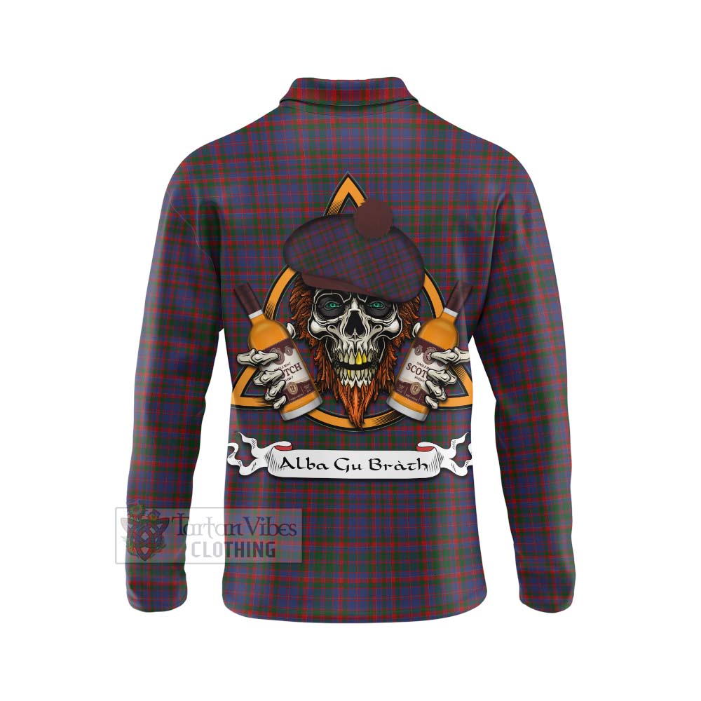 Tartan Vibes Clothing Cumming Tartan Long Sleeve Polo Shirt with Family Crest and Bearded Skull Holding Bottles of Whiskey