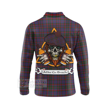 Cumming Tartan Long Sleeve Polo Shirt with Family Crest and Bearded Skull Holding Bottles of Whiskey