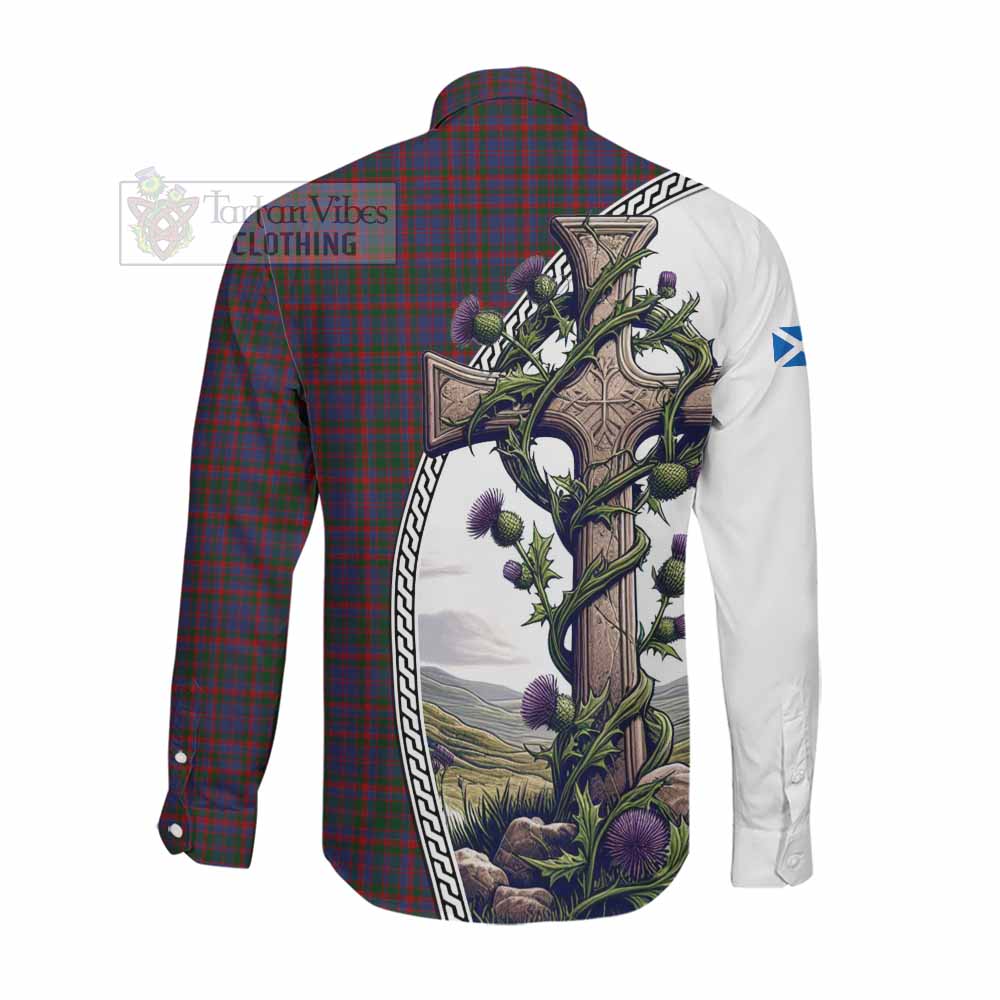 Tartan Vibes Clothing Cumming Tartan Long Sleeve Button Shirt with Family Crest and St. Andrew's Cross Accented by Thistle Vines