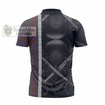 Cumming Tartan Zipper Polo Shirt with Family Crest Cross Sword Thistle Celtic Vibes