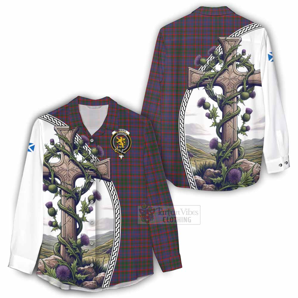 Tartan Vibes Clothing Cumming Tartan Women's Casual Shirt with Family Crest and St. Andrew's Cross Accented by Thistle Vines