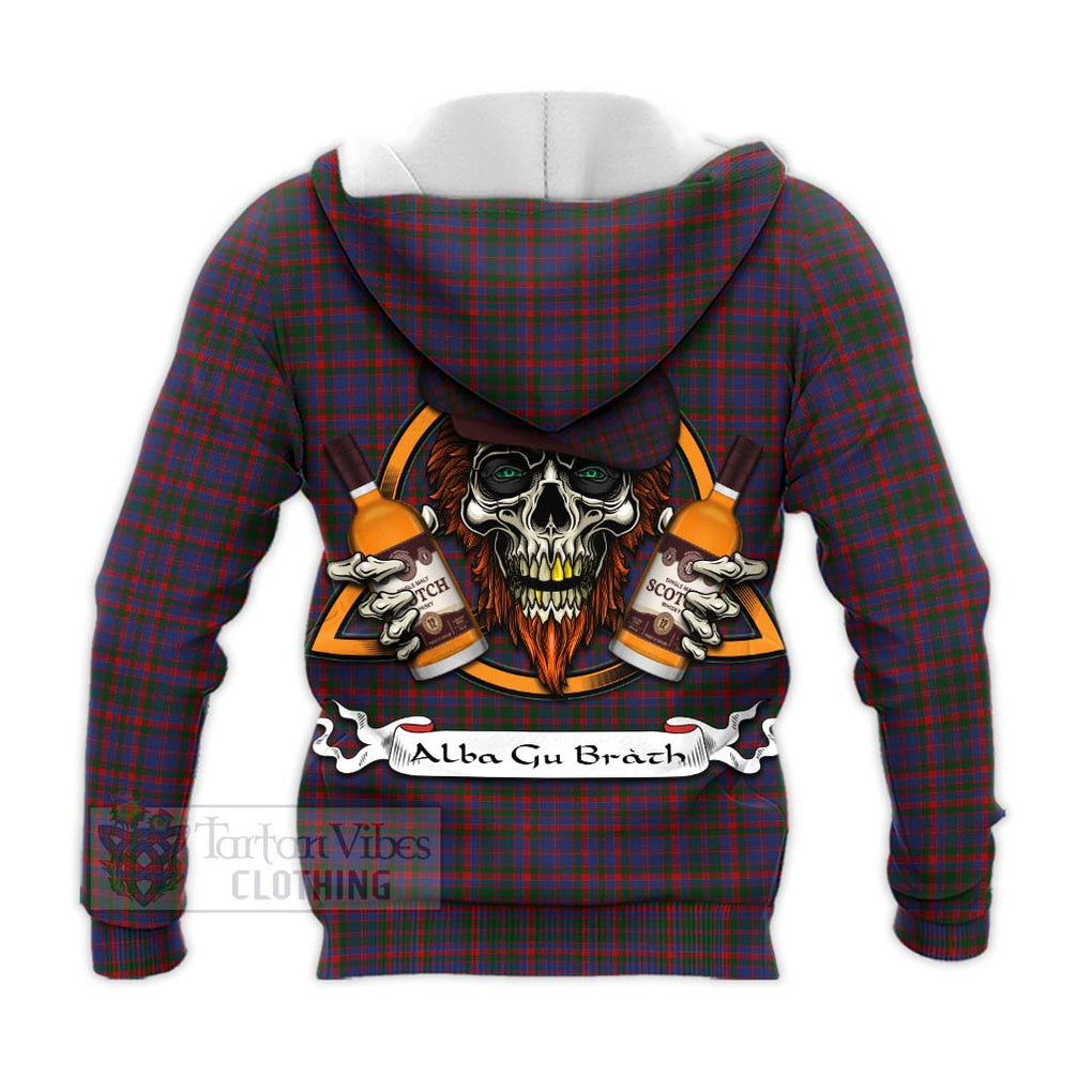 Tartan Vibes Clothing Cumming Tartan Knitted Hoodie with Family Crest and Bearded Skull Holding Bottles of Whiskey