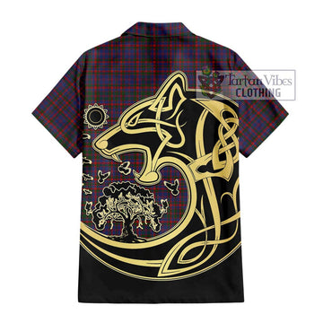 Cumming Tartan Short Sleeve Button Shirt with Family Crest Celtic Wolf Style