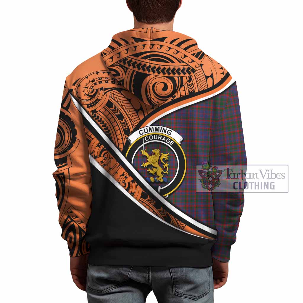 Tartan Vibes Clothing Cumming Crest Tartan Hoodie with Maori Tattoo Style - Orange Version