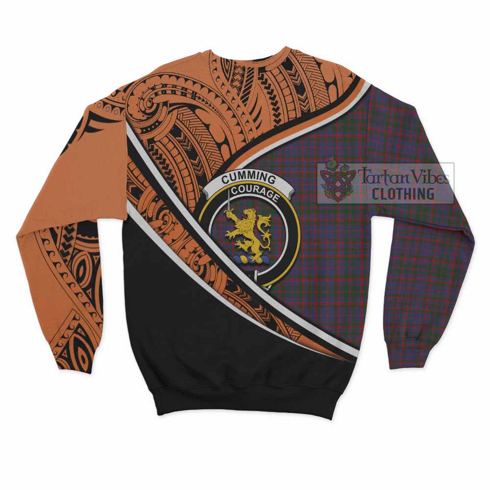 Tartan Vibes Clothing Cumming Crest Tartan Sweatshirt with Maori Tattoo Style - Orange Version