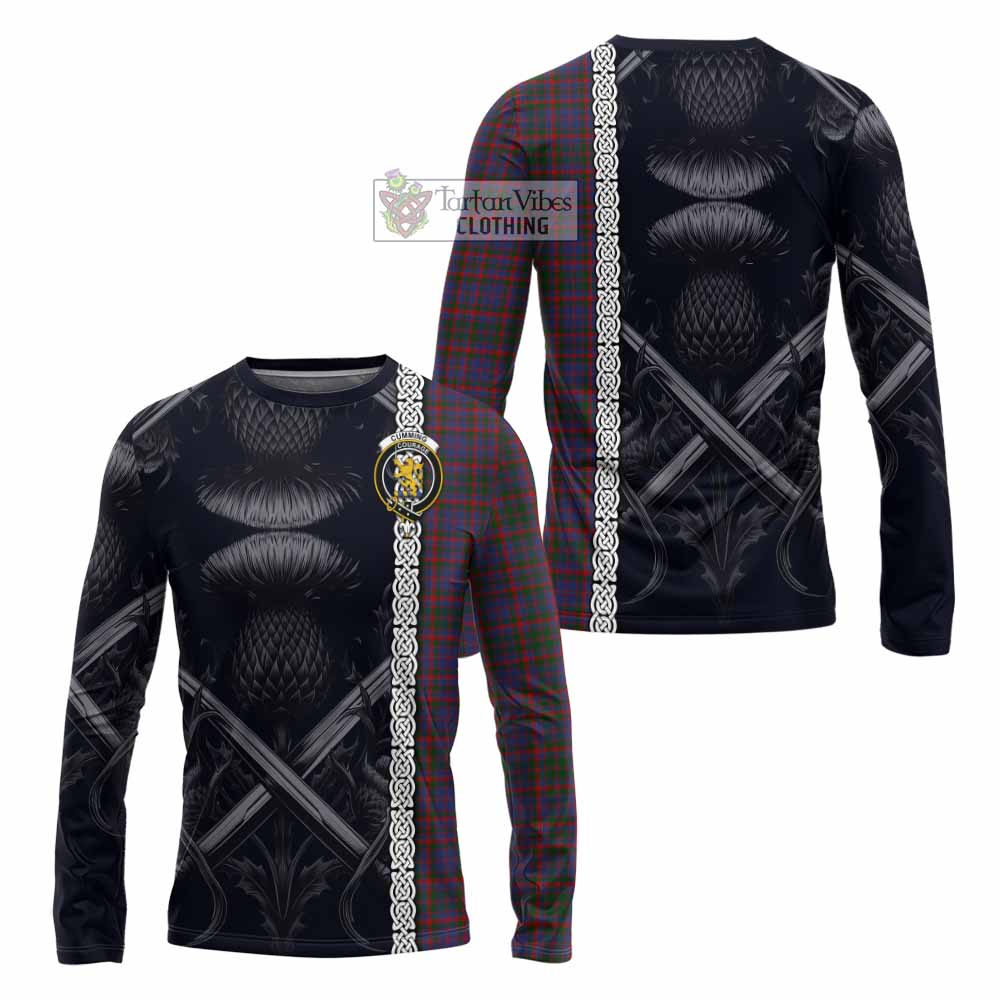 Tartan Vibes Clothing Cumming Tartan Long Sleeve T-Shirt with Family Crest Cross Sword Thistle Celtic Vibes