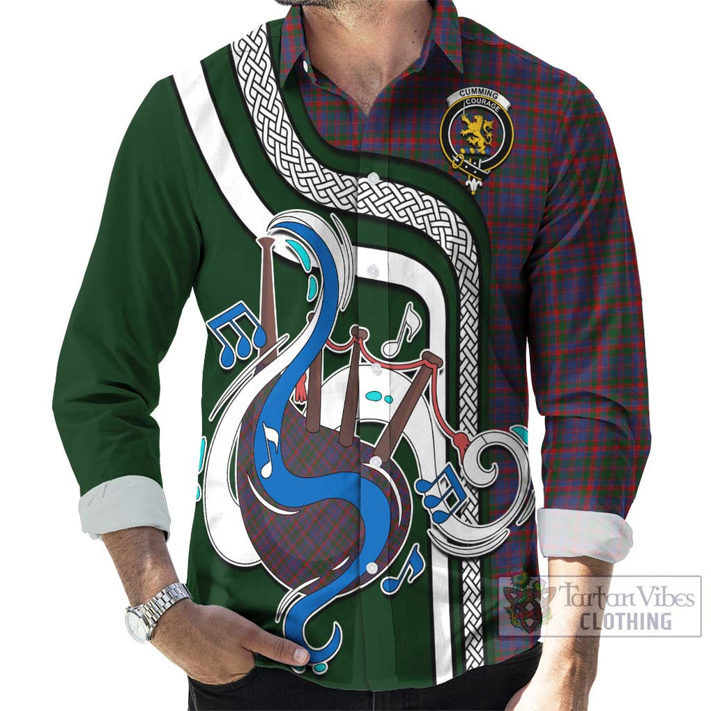 Cumming Tartan Long Sleeve Button Shirt with Epic Bagpipe Style - Tartanvibesclothing Shop