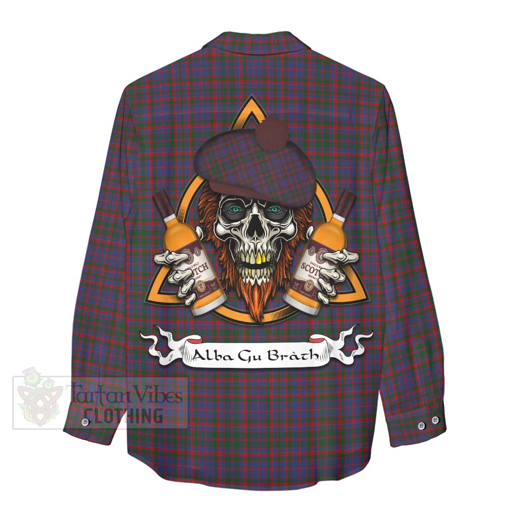 Tartan Vibes Clothing Cumming Tartan Women's Casual Shirt with Family Crest and Bearded Skull Holding Bottles of Whiskey