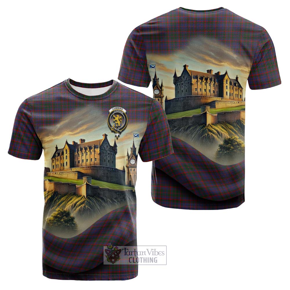 Cumming Tartan Family Crest Cotton T-shirt with Scottish Ancient Castle Style - Tartan Vibes Clothing