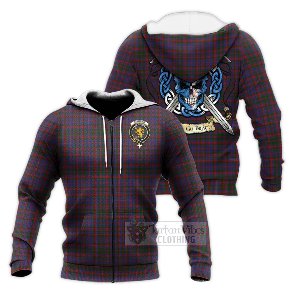 Tartan Vibes Clothing Cumming Tartan Knitted Hoodie with Family Crest Celtic Skull Style